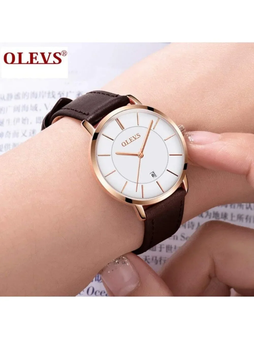 Women's White face & Rose gold bezel & Dark Brown Classic Dress Wrist Watch